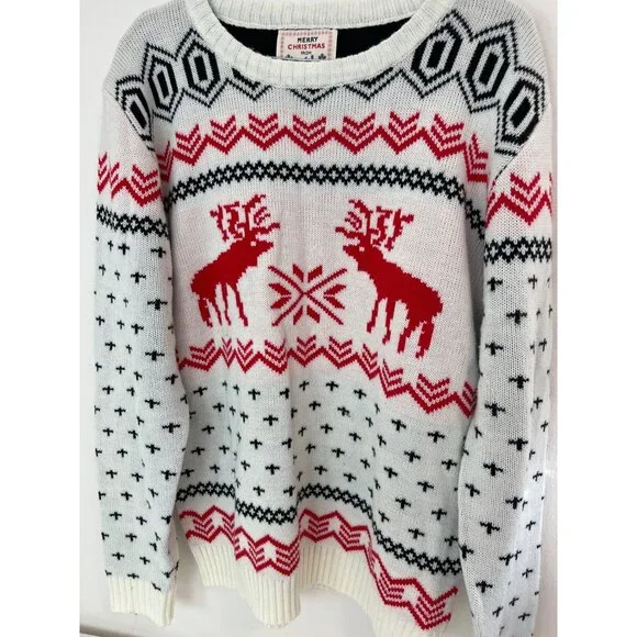 V28 XXL Ugly Christmas Sweater Moose Reindeer Fair Isle Cream - Picture 5 of 5